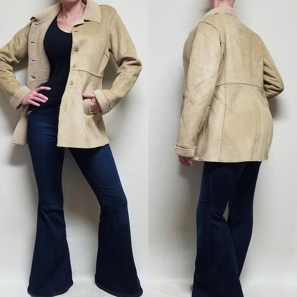 Vintage Retro Y2K Sand Faux Leather Faux Fur Lined Western Jacket Suede Peacoat